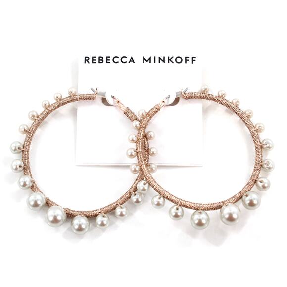 Rebecca Minkoff Rose Gold Tone Morocco Pearl Hoops $48 Tags #RM331 - Picture 1 of 3